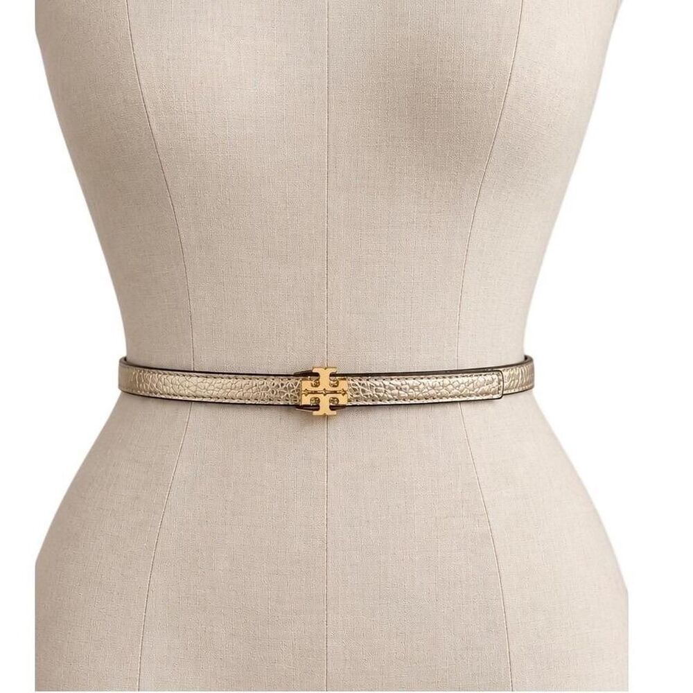 NWT Tory Burch Metallic Reversible Logo Belt Gold Silver Leather Small